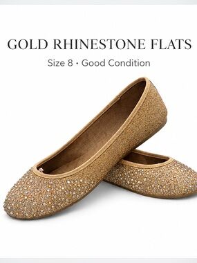 Gold Rhinestone Ballet Flats Size 8 Sparkly Slip On Dressy Shoes Women